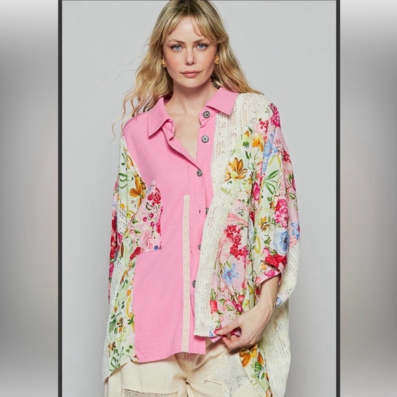 POL Tops - POL oversized Pink waffle, cream lace embroidery, fruits florals button down top